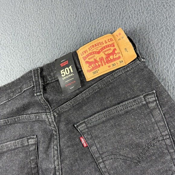 Levis 501 Jeans Mens 30x34 Black Button Fly Straight Stretch Denim Grunge NEW - Picture 4 of 12